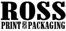 Black text on a white background reads "ROSS PRINT AND PACKAGING" with "ROS" in a large, bold font and "PRINT AND PACKAGING" in a smaller size below.